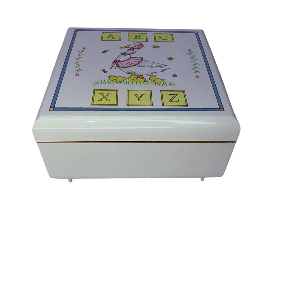 Vintage Japan Musical Jewelry Box Mother Goose ABC XYZ Nursery Theme Plastic 80s
